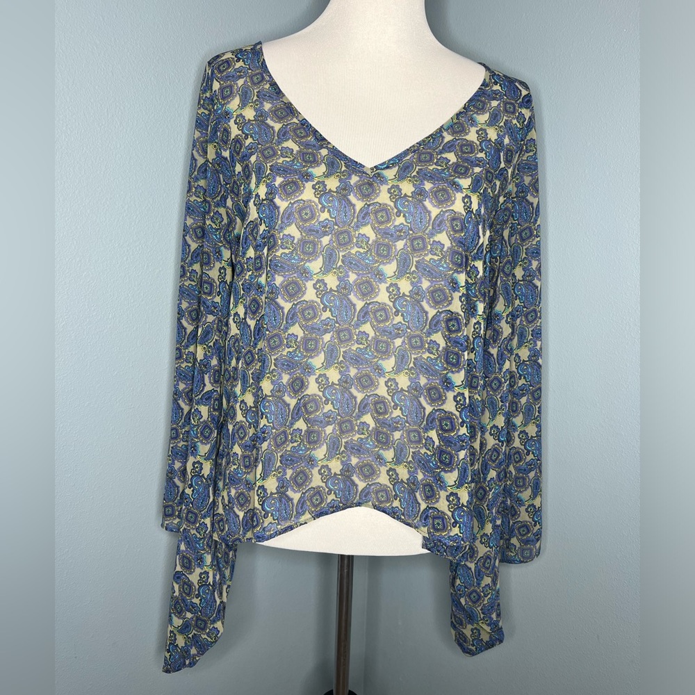 Show me your Mumu Blue Green Paisley Sheer Blouse Size Small
